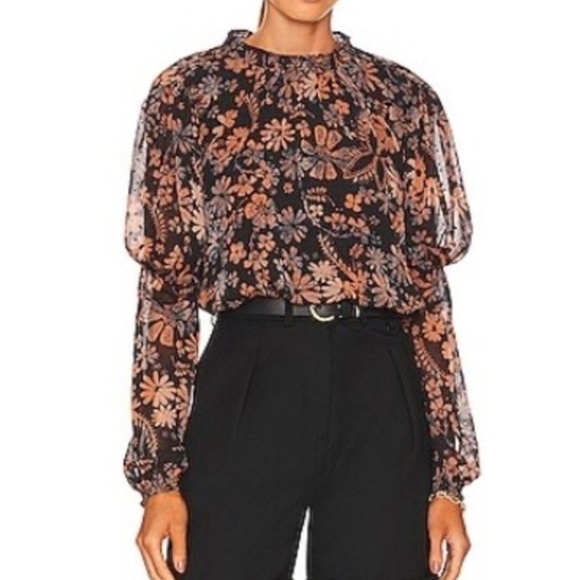 Free People Clarissa Printed Top Size L Boho Puff Long Sleeve Semi Sheer Floral - Picture 1 of 13